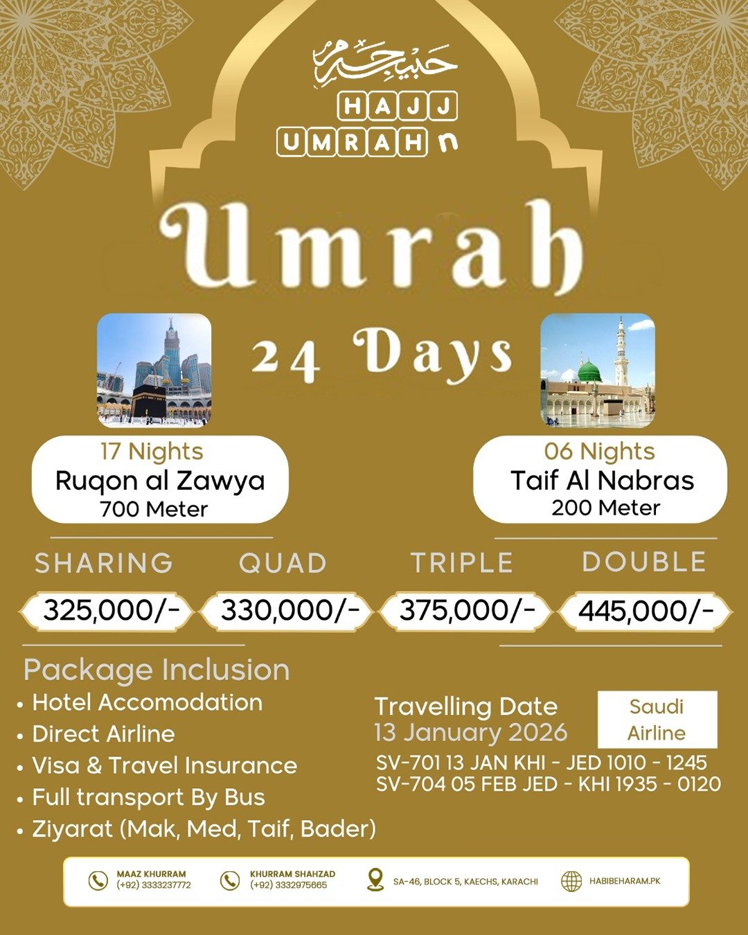 24 Days Umrah Package 2026 from Karachi with Flights Visa Hotels and Ziyarat 24 Days Umrah Package 2026